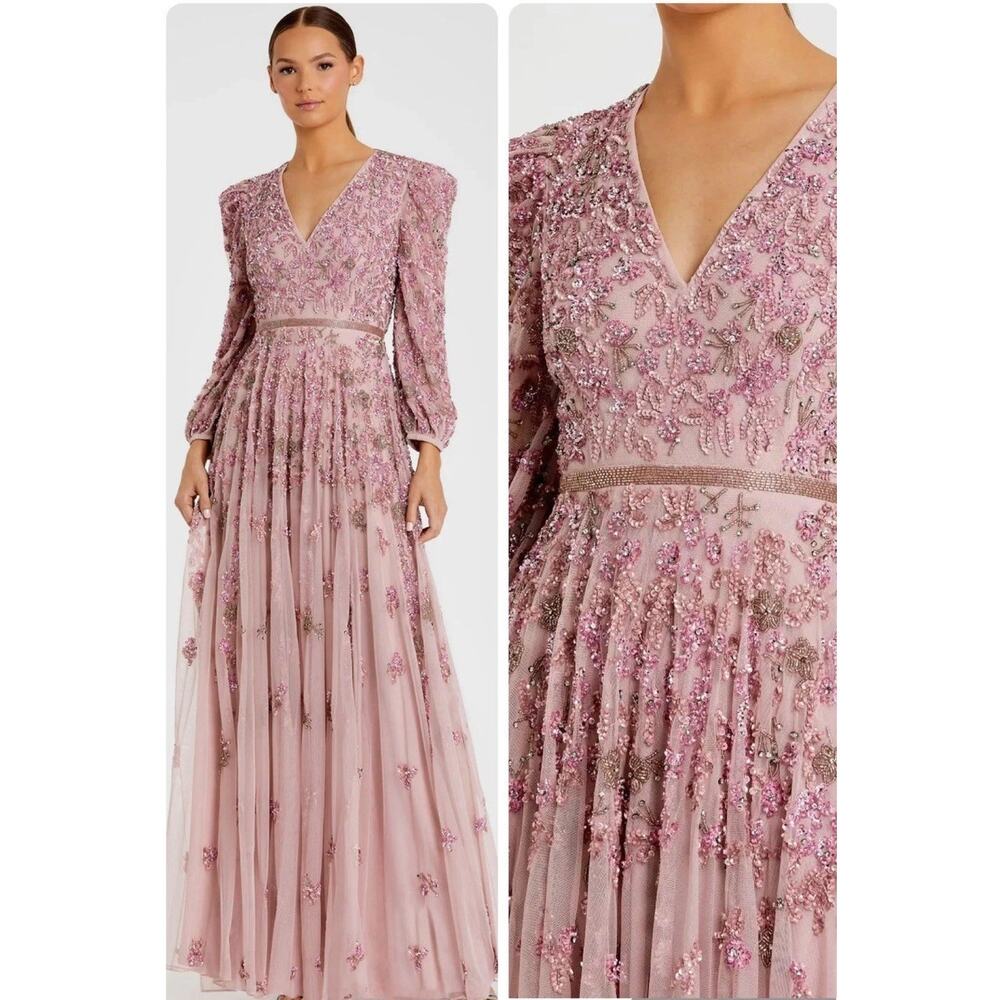 MAC DUGGAL 5497 Size 10 Pink Embellished V-neck A Line Maxi Gown Long Sleeve NWT